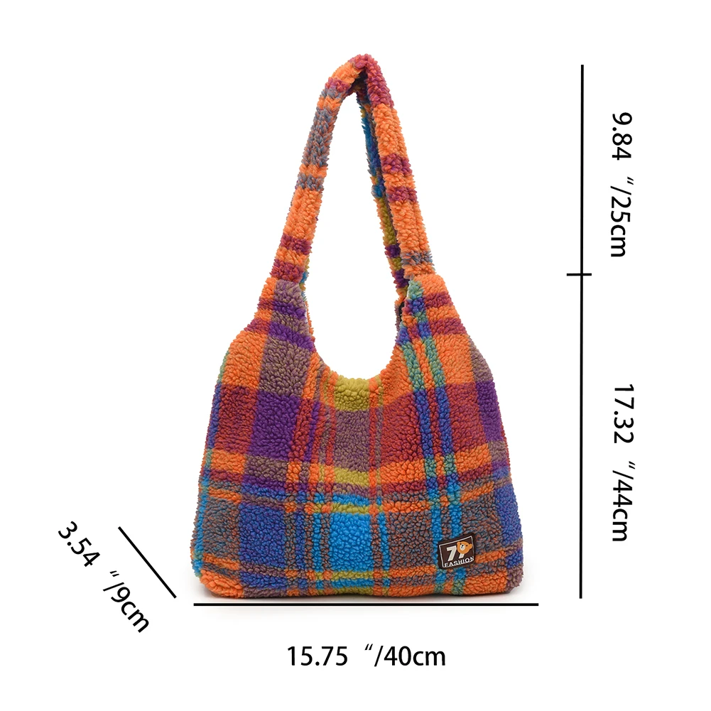 Soft Lamb Wool Women Handbag Fluffy Plaid Pattern Fashion Shoulder Bag Large Capacity Retro Shopping Tote Bag Plush Underarm Bag