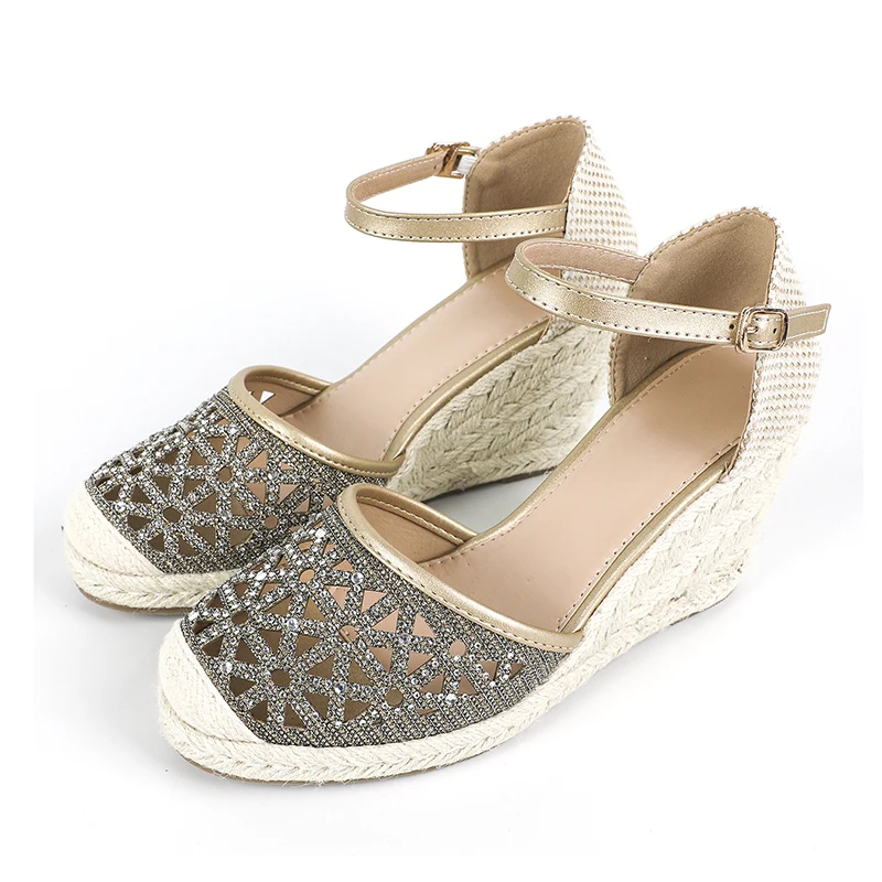 ZOOKERLIN Round Toe Rhinestone Hollow Women's Sandals Rattan Grass Woven Wedges Buckles Bohemian Shoes Beige Summer Size 35-41