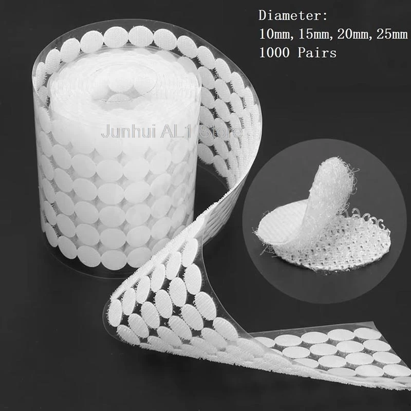 

1000 Pairs 10/15/20/25mm White Dot Self Adhesive Fastener Tape Dots Hook Loop Round Tape Adhesive Strong Glue Magic Sticker B1