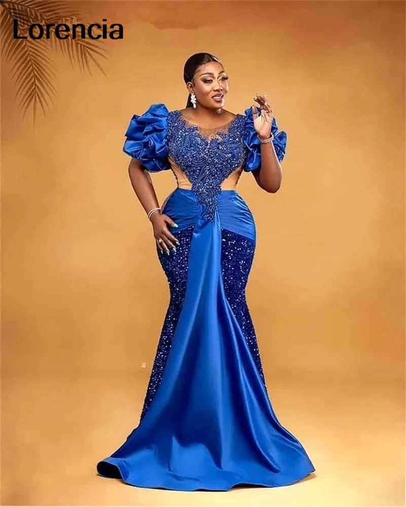 

Customized African Aso Ebi Royal Blue Satin Mermaid Prom Dress Beaded Crystals Lace Applique Evening Gown Robe De Sorrie YPD334