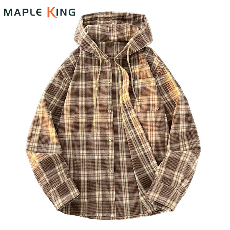 

Свободная клетчатая рубашка с капюшоном High Street для мужчин и женщин, уличная одежда в стиле хип-хоп, 2025 год, Harajuku, подростковые повседневные рубашки большого размера, куртка, топы