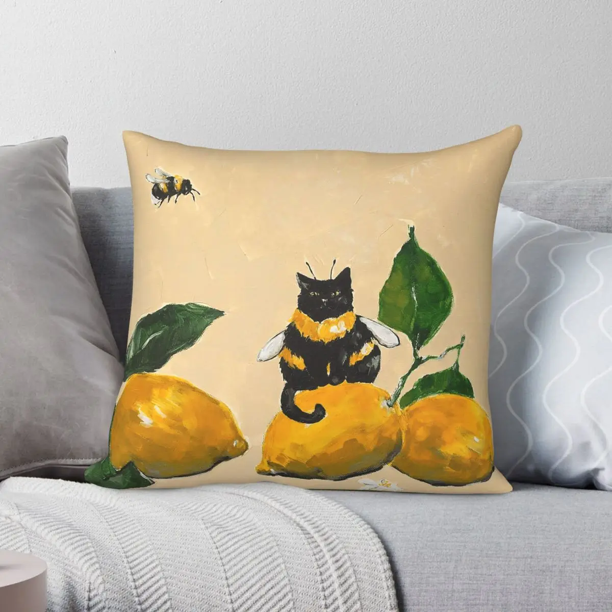 Lemon Cat Bee Square Pillowcase Polyester Linen Velvet Printed Zip Decorative Home Cushion Cover