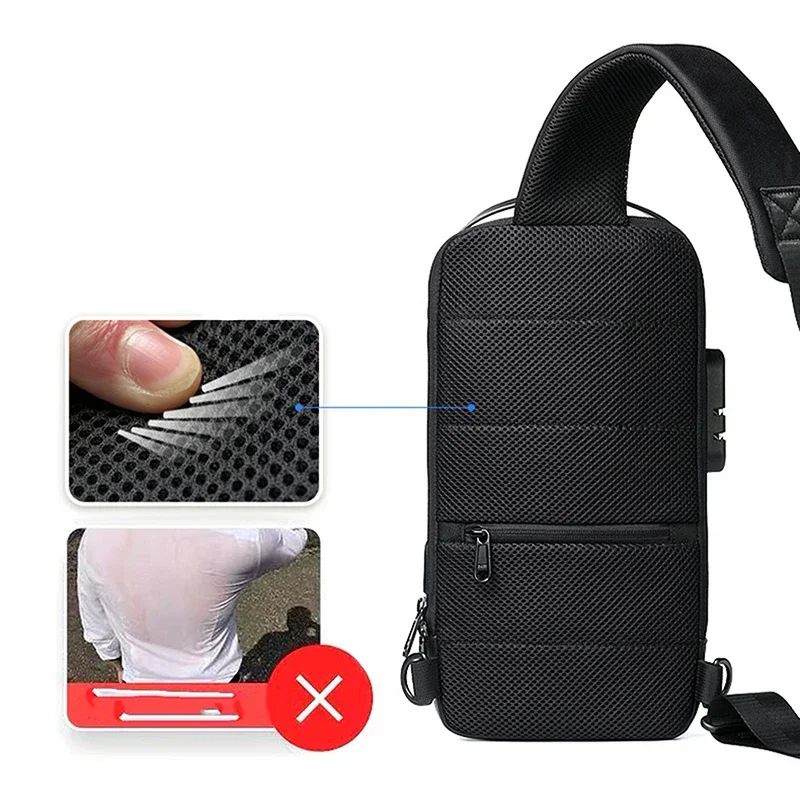 Bolso de pecho para hombre a la moda, bolso de viaje de hombro tipo bandolera impermeable con bolsas USB antirrobo para hombre, bolsa masculina