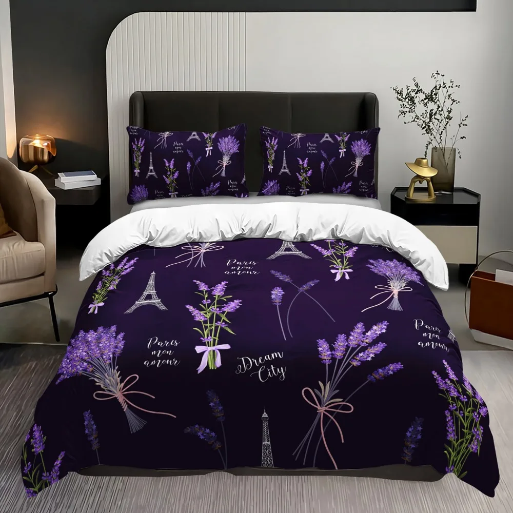 

Фиолетовый комплект постельного белья Париж Эйфелева башня с лавандовым принтом, уютный пододеяльник King Queen Twin Size, подарок на день рождения для взрослых, декор спальни