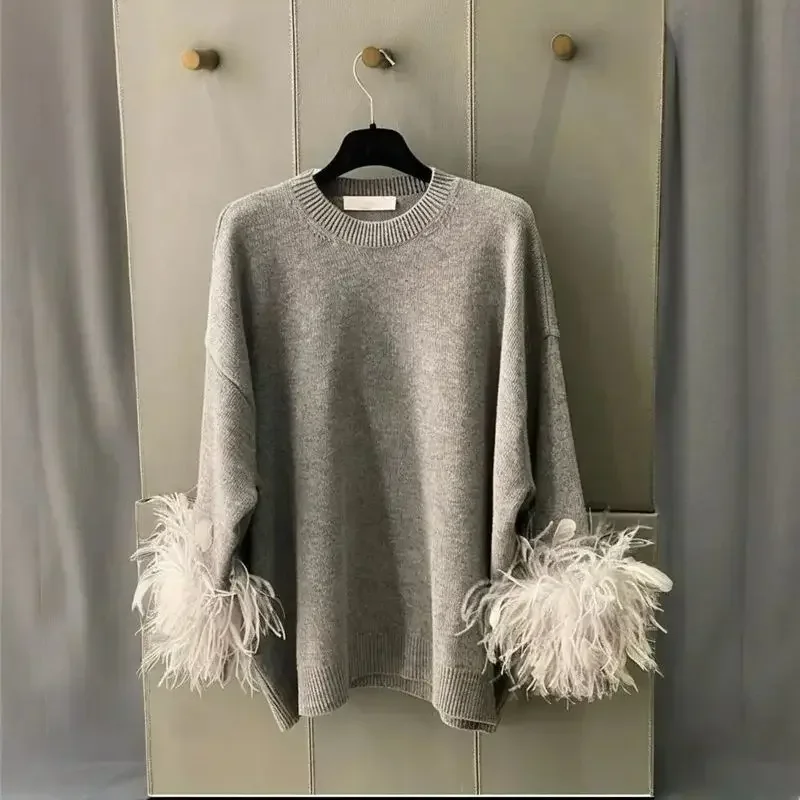 2025 New Design Feather Spliced Grey Knit Sweater Women Fashion Causal O-neck Knitted Pullover Luxury Wool Knitwear