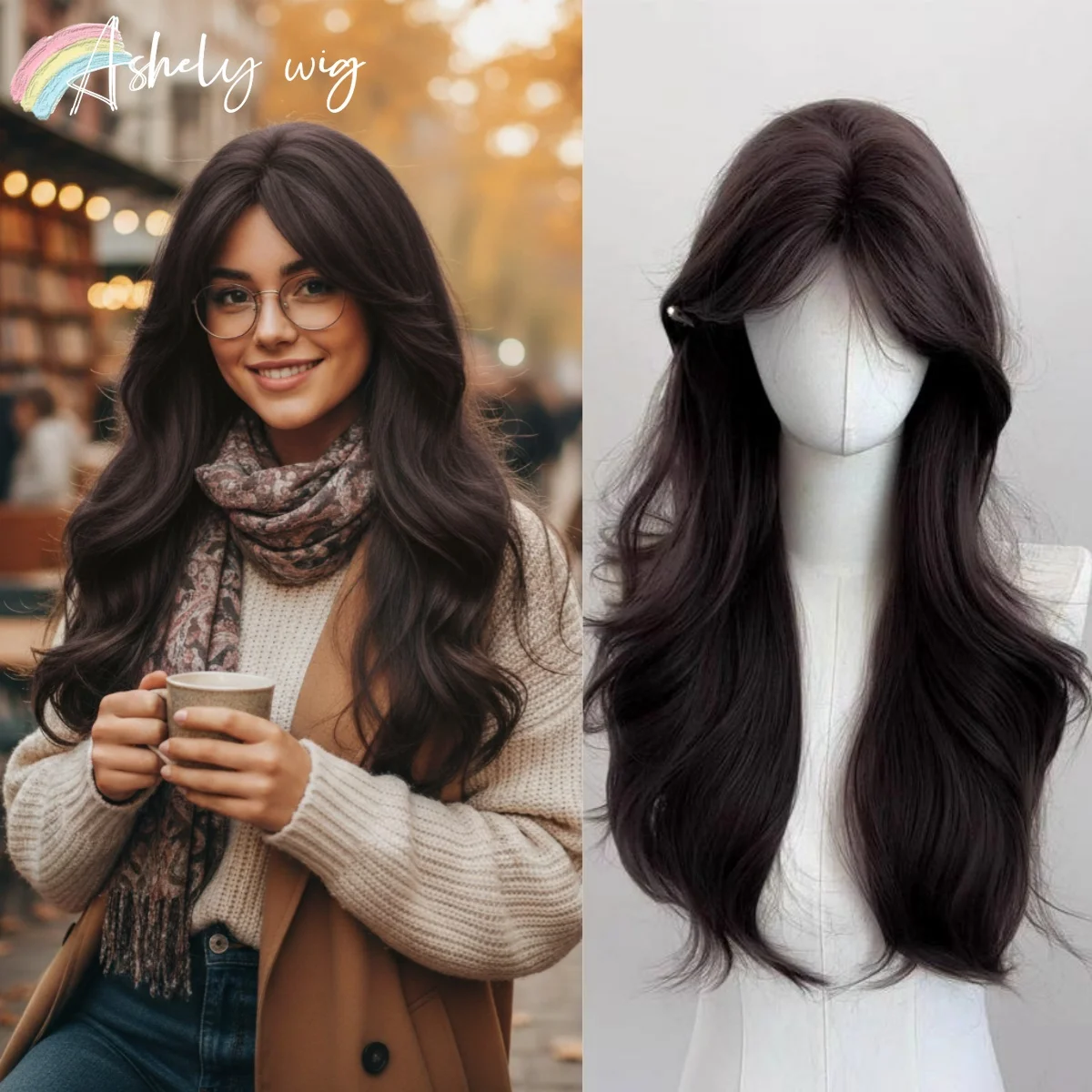 شعر مستعار بني أسود للنساء 24 بوصة شعر مستعار طويل مموج طبيعة المظهر لوليتا لطيف بيروكات صناعية ارتفاع درجة الحرارة الألياف شعر مستعار #1