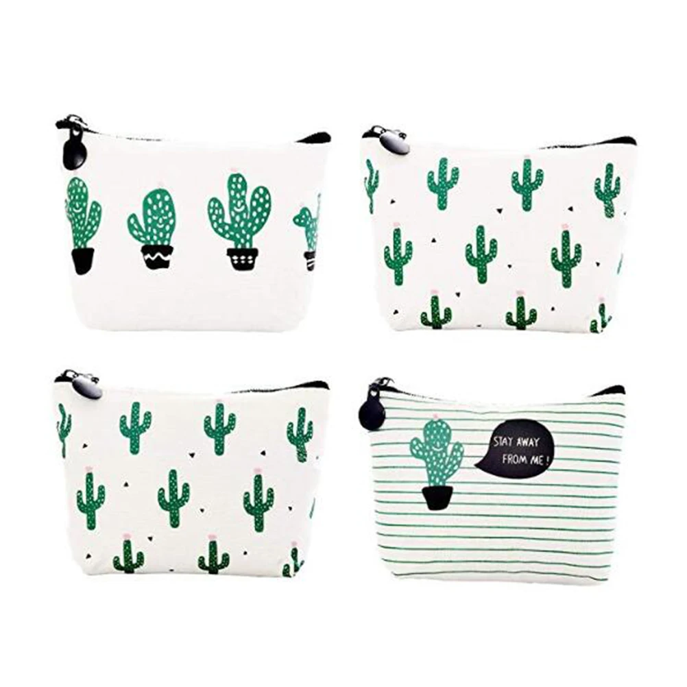 

4PCS Cactus Coin Wallet Canvas Bag Small Student Pen Pencil Case Key Holder Durable Zipper Storage School Office Supplies