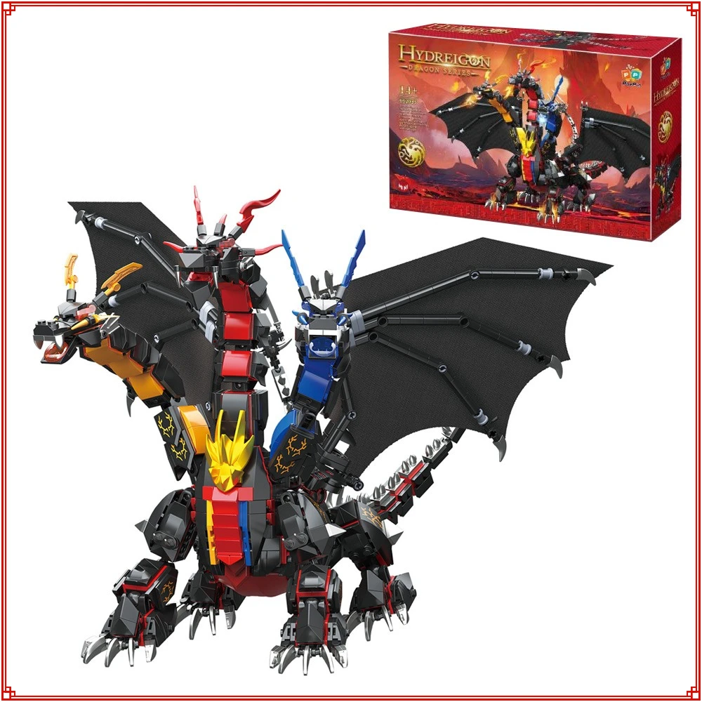 Original Flame Three Headed Dragon Divine Dragon Building Blocks Children's Puzzle Assembly Model Toy Holiday Collection Gifts