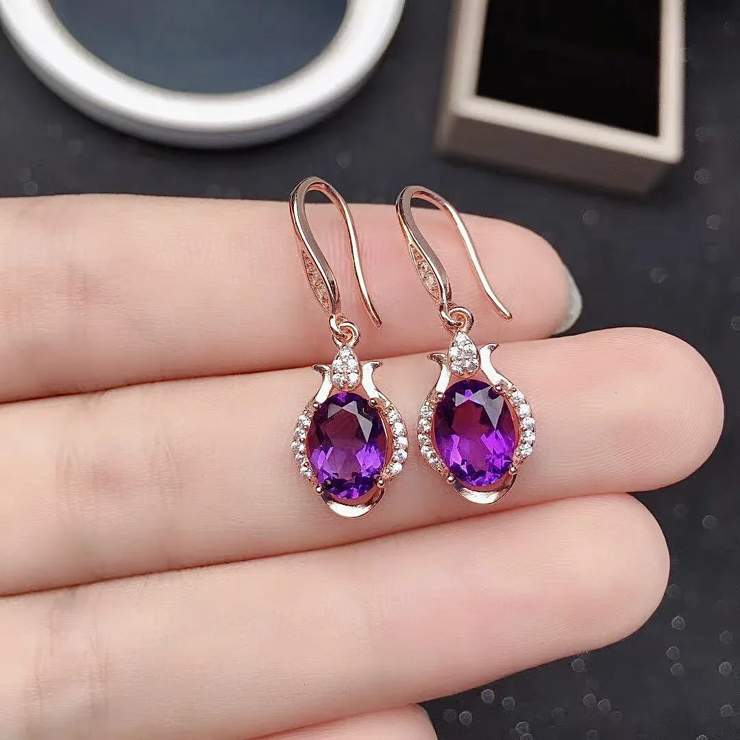 

Classic 925 Silver Crystal Drop Earrings for Daily Wear 6mm*8mm Natural Amethyst Silver Earrings Serling Silver Amethyst Eardrop