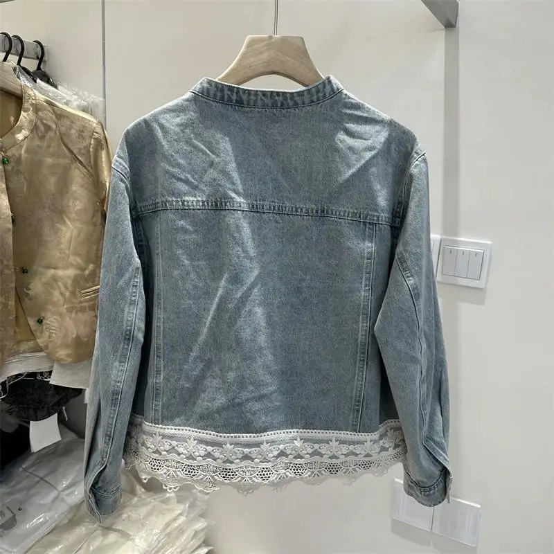 Denim jacket women's lace splicing top 2025 spring new design sense small short jacket top trendy