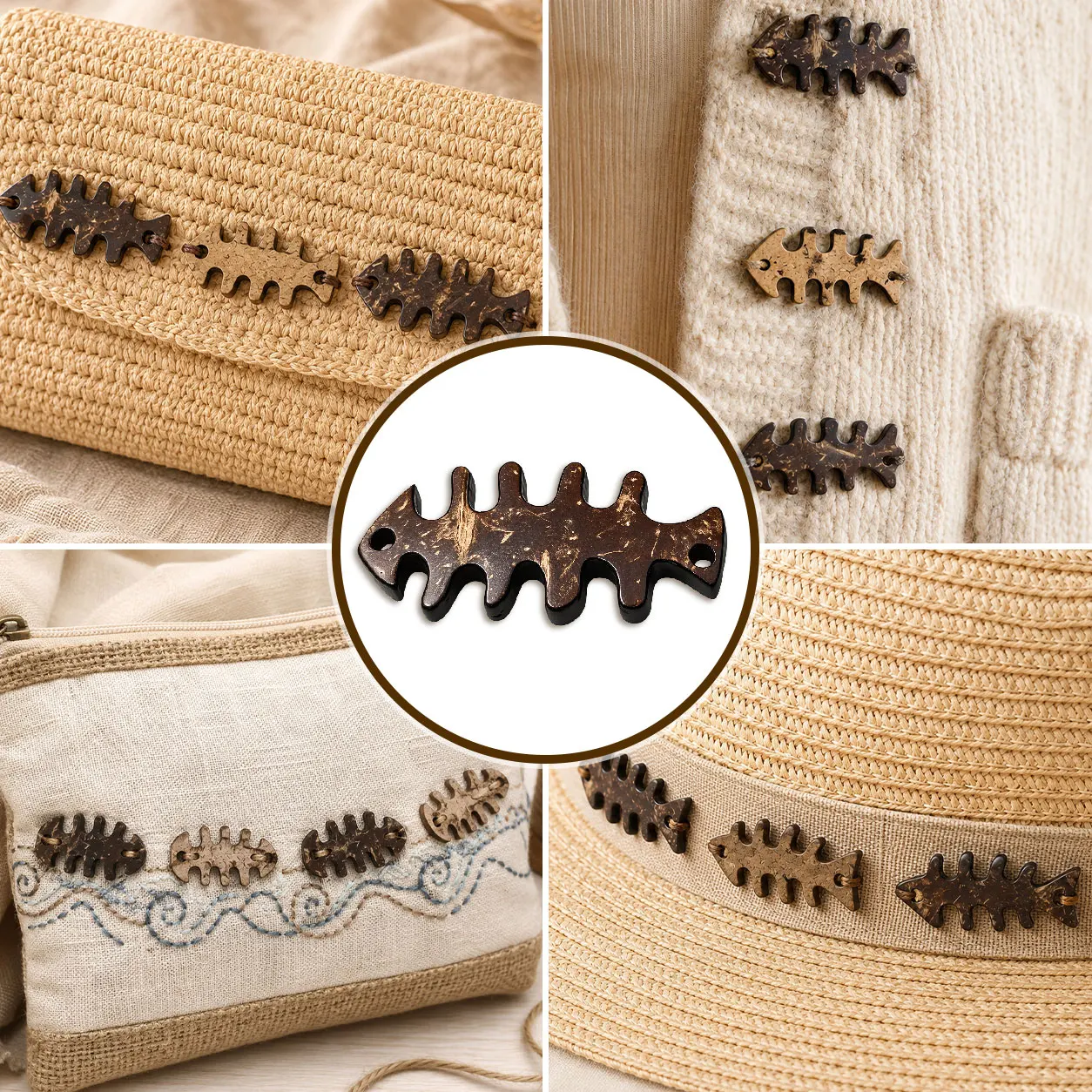 12pcs 34mm Fish Bone Shaped Coconut Shell Buttons, 2‑Hole Natural Coconut Buttons, DIY Sewing Craft Buttons for Clothing Bags