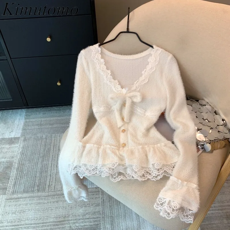 Kimutomo Knitted Sweater Women Bow Lace Patchwork Autumn Winter Slim Long Sleeve V Neck Vintage Elegant Pullover Fashion