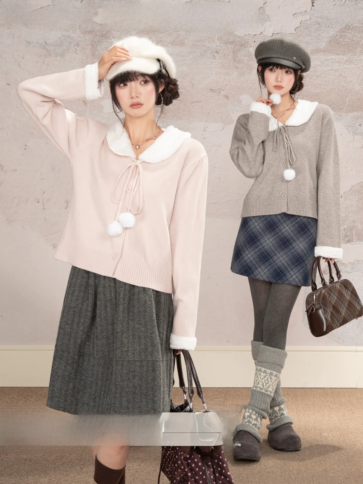 

Loveheynew Нежно-розовый вязаный кардиган с бантом и пушистой отделкой, женский зимний молодежный топ свободного кроя с длинными рукавами, стандартной длины