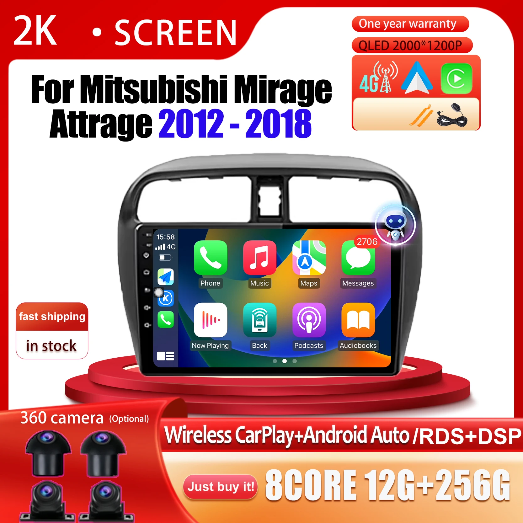 

For Mitsubishi Mirage Attrage 2012 2013 - 2018 Android 14 Car Radio Multimedia Stereo Player WiFi GPS Navigation Car Accessories