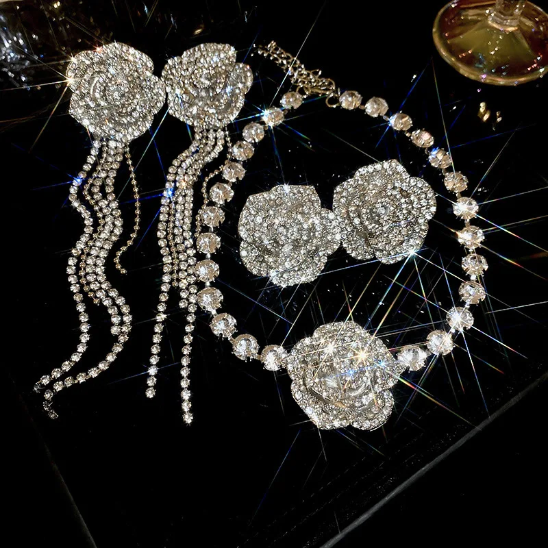 Inlaid Rhinestone Flower Tassel Earrings Necklace for Women Fashion Clavicle Chain New Light Luxury Sparkle Jewelry