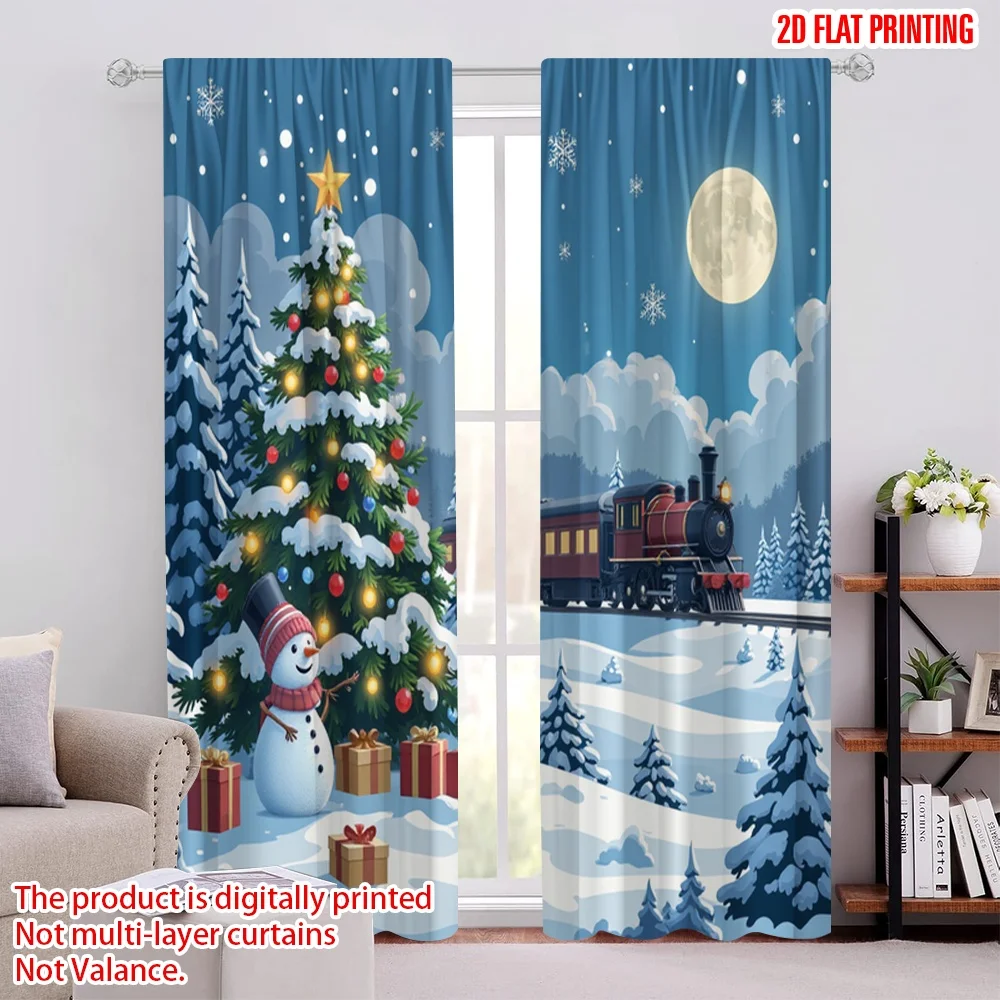 

2pcs 2D flat printing Merry Christmas Window Drapes Christmas Eve Snow Train Polyester Fabric Without Electricity Birthday Party
