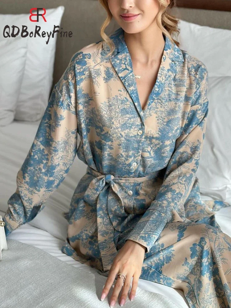 Casual Pants Sets 2 Pieces Cozy Printed Lace Up Long Sleeve Shirt Spring Outfit High Waist Wide Leg Pants Pajamas Suits Homewear