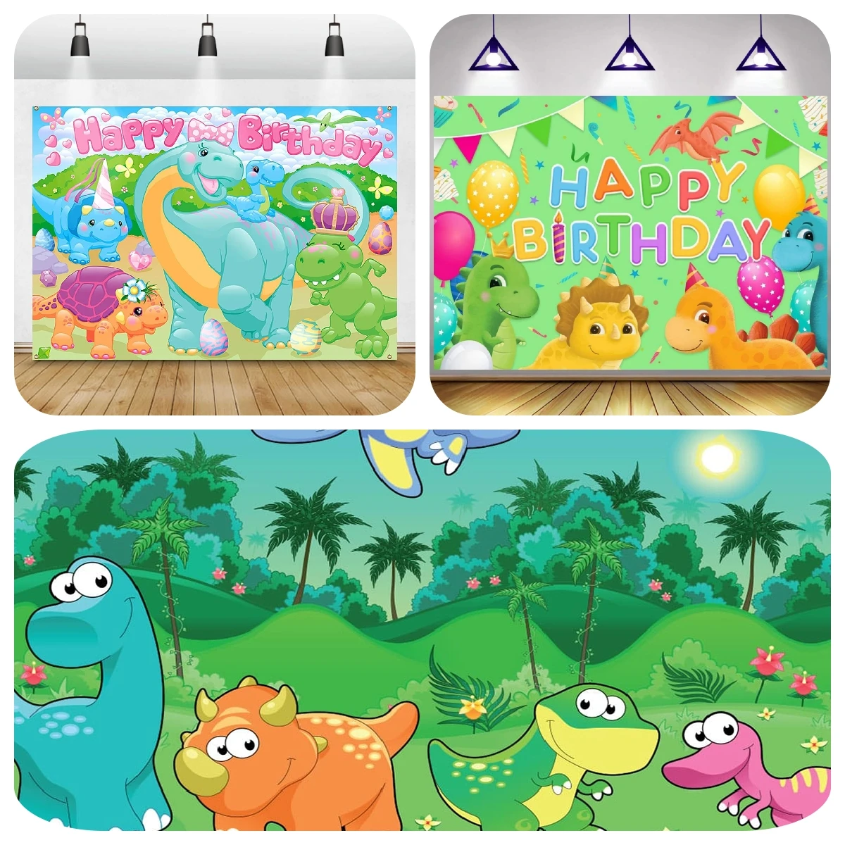 

Jungle Dinosaur Backdrop Happy Birthday Theme Photography Background Cartoon Green Dinosaur Theme Backdrop for Children Surprise