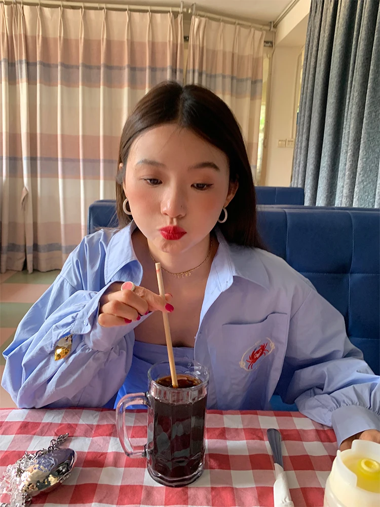 Sli Unieke tweedelige set blauw dames irt origineel ontwerp recht katoen lang Sve button-up midi Dr vrijetijdskleding