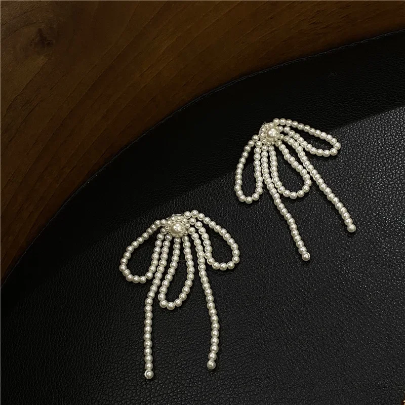 

Hyperbole Bowknot Pearl Earrings for Women Long Tassel Dangle Drop Earrings Korean Statement Brincos Wedding Fashion Jewelry