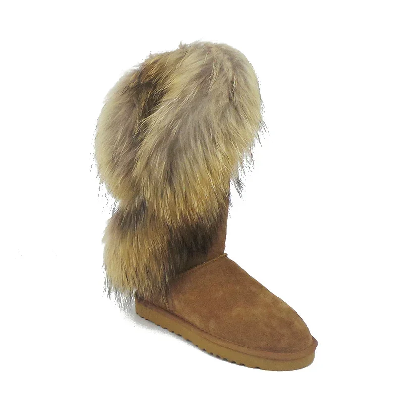 New Fashion Natural Fox Fur Snow Boots Women Warm Non-slip Winter Long Boots Genuine Cow Leather Winter Boots High Shoes