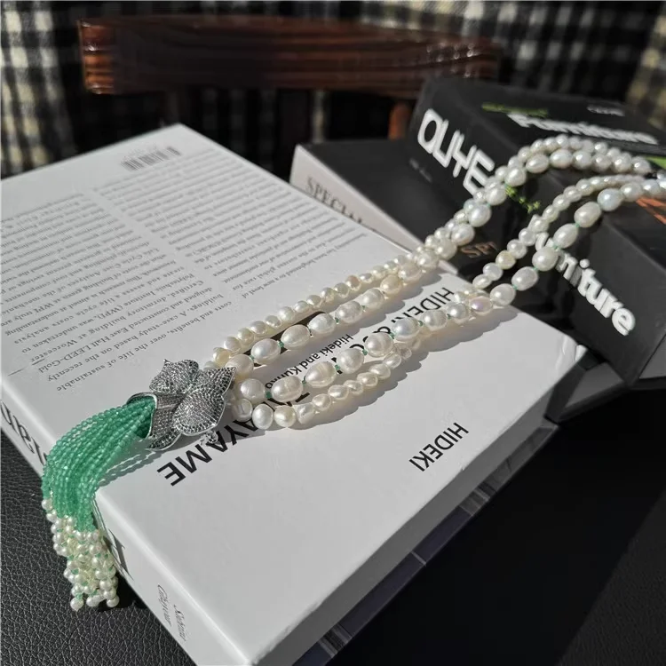 Natural White Pearl Necklace and Green Agates Pendant For Lady Women Gift Jewelry