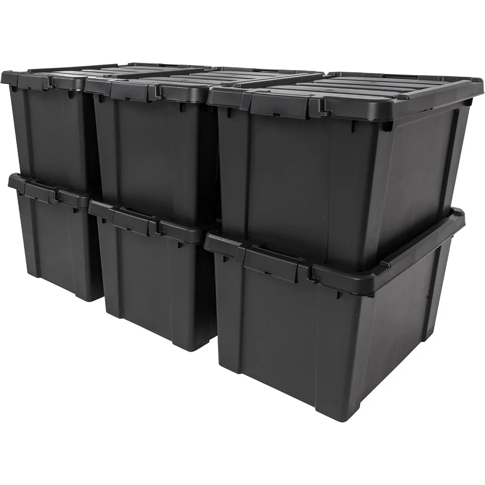 USA 20 Gallon Lockable Storage Bins with Lids, 6 Pack - Made in USA, Heavy Duty, Stackable Containers, Garage Organizing Bins