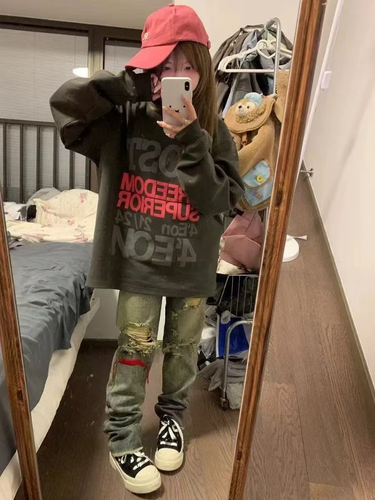 Y2k الأمريكية خمر كم طويل تي شيرت المرأة عادية إلكتروني طباعة الشرير نمط قمة الشارع الشهير ريترو الهيب هوب 2025 الخريف