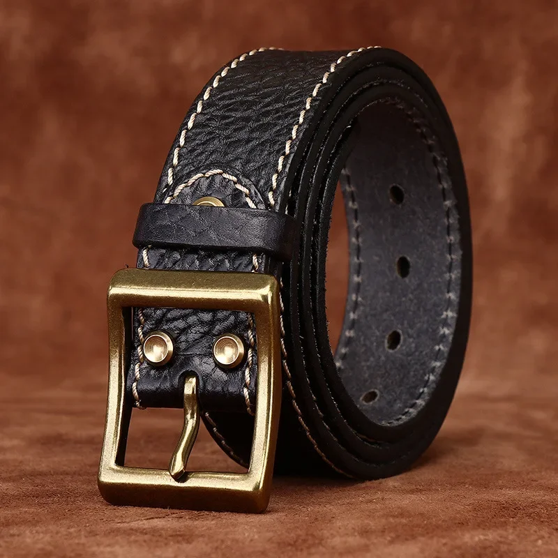 3.8CM thick cowhide embossed brass buckle genuine leather casual jeans belt men's high quality belt