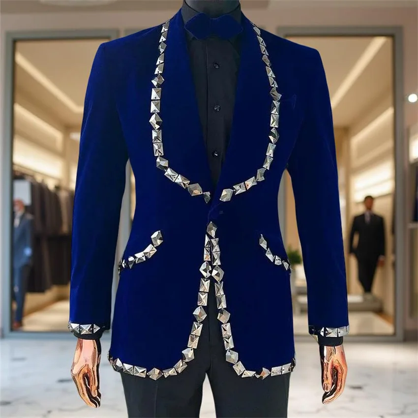 

Роскошные бархатные костюмы из бисера для мужчин, приталенный свадебный смокинг жениха, комплект из 2-х предметов для курения, куртка с брюками и кристаллами