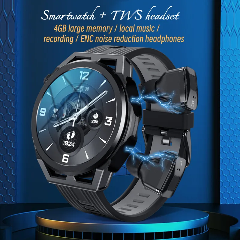 TWS Headset Men Smartwatch 2-in-1 Bluetooth Talk HIFI Stereo 4G Large Memory Local Music Player Heart Rate Sleep Sports Bracelet