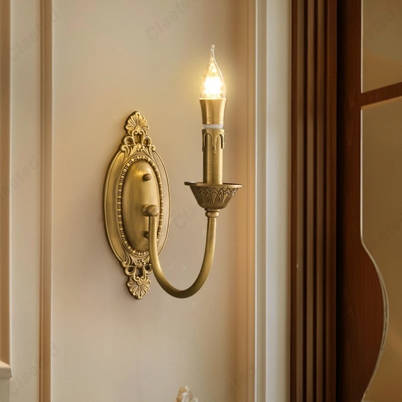 

American Retro Copper Candle Wall Lamp Living Room Dining Room Corridor Bedroom Decorative Lighting