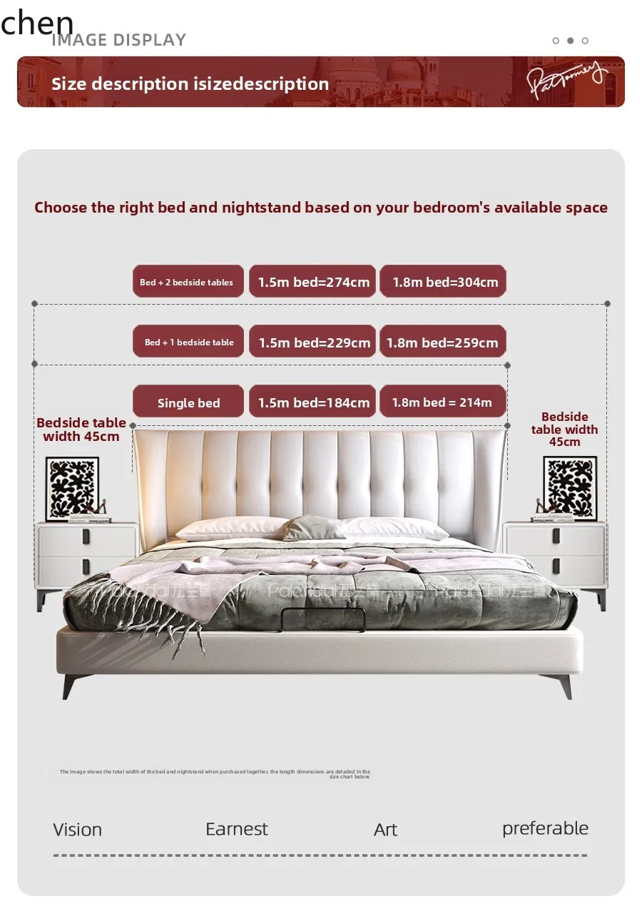 LXC Minimalist Genuine Leather Bed Modern Simple Solid Wood Upholstered Bed High Foot Style Master Bedroom Large Bed
