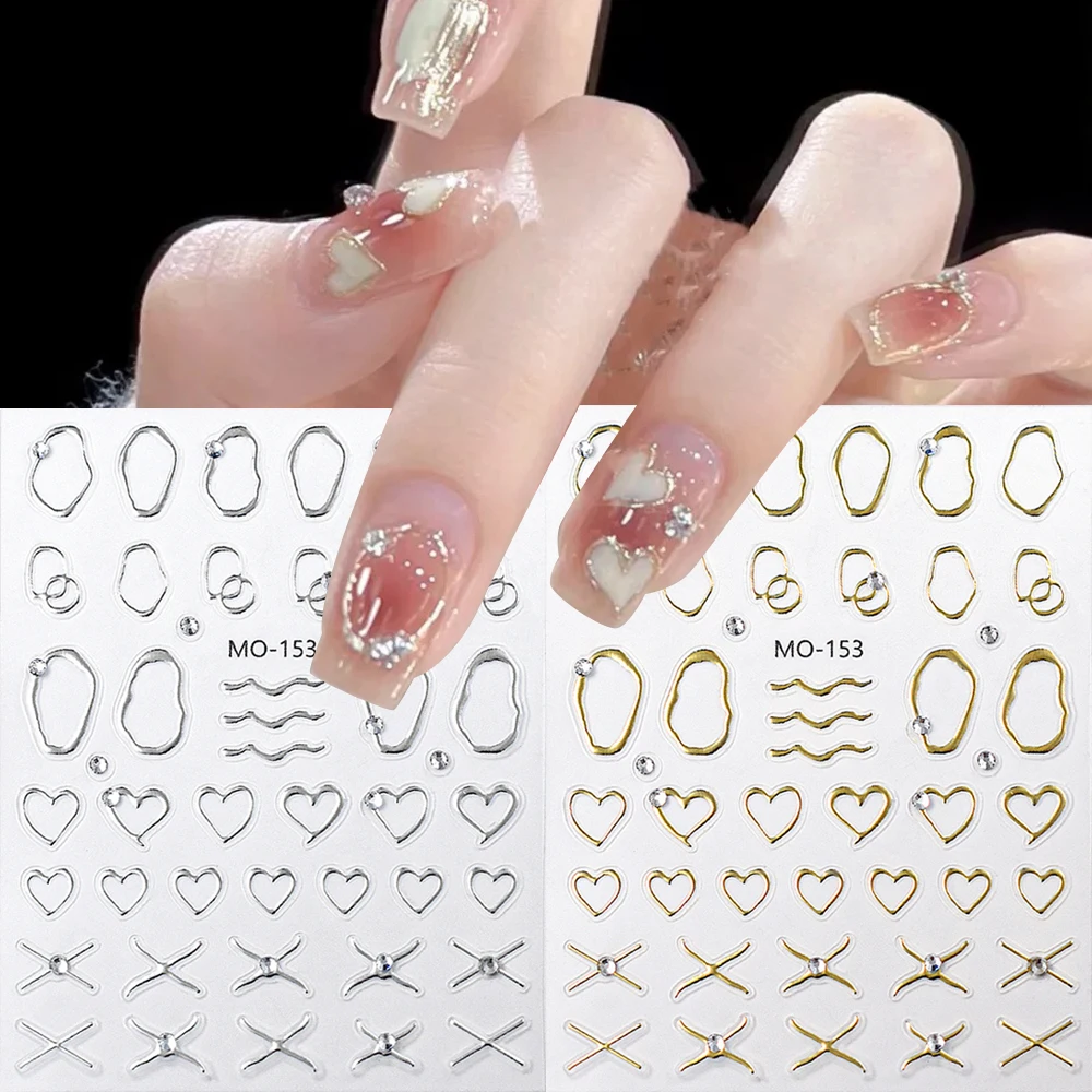 2pcs Gold Silver Strips 3D Nail Art Stickers With Rhinestones Simple Metallic Lines Mirror Nail Decals Decorations DIY Manicure