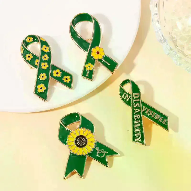 Sunflower Pattern Red Ribbon Theme Lapel Pins Green Disability In Visible Enamel Brooches For Disabled Person