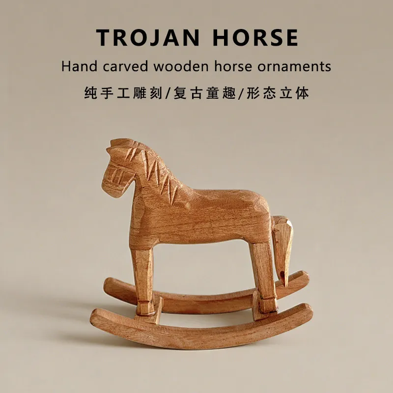 Creative Handmade Solid Wood Rocking Horse Vintage Ornament Ins Style Living Room Desktop Entrance Bedroom Decor Craft - Detail 1