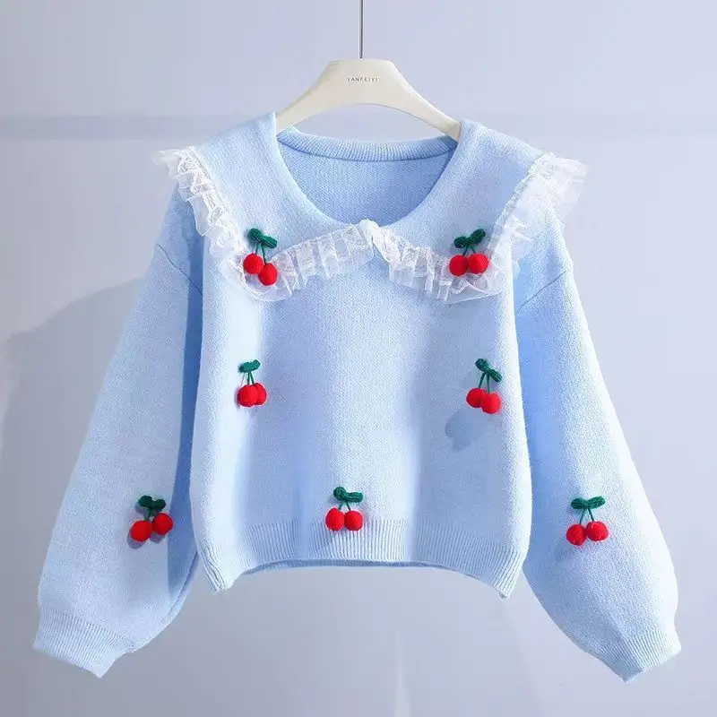 Lace Navy Collar 3D Cherry Pullover Sweater Women Autumn Winter New Korean Knitted Long Sleeve Top Pull Femme Sweater