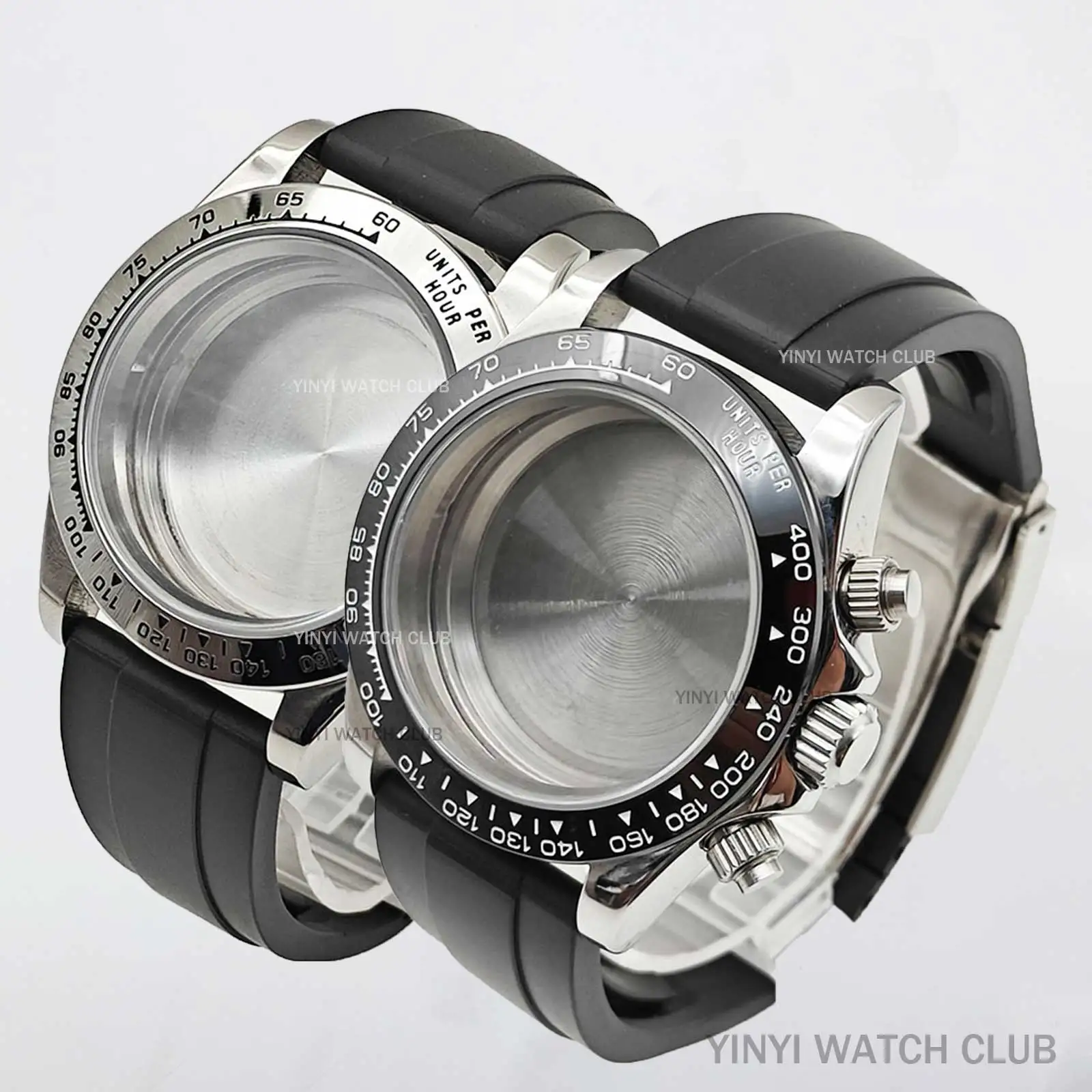 40mm watch case with strap Sliver Black Sapphire mirror surface With timing function fit VK63 / VK64 Movements