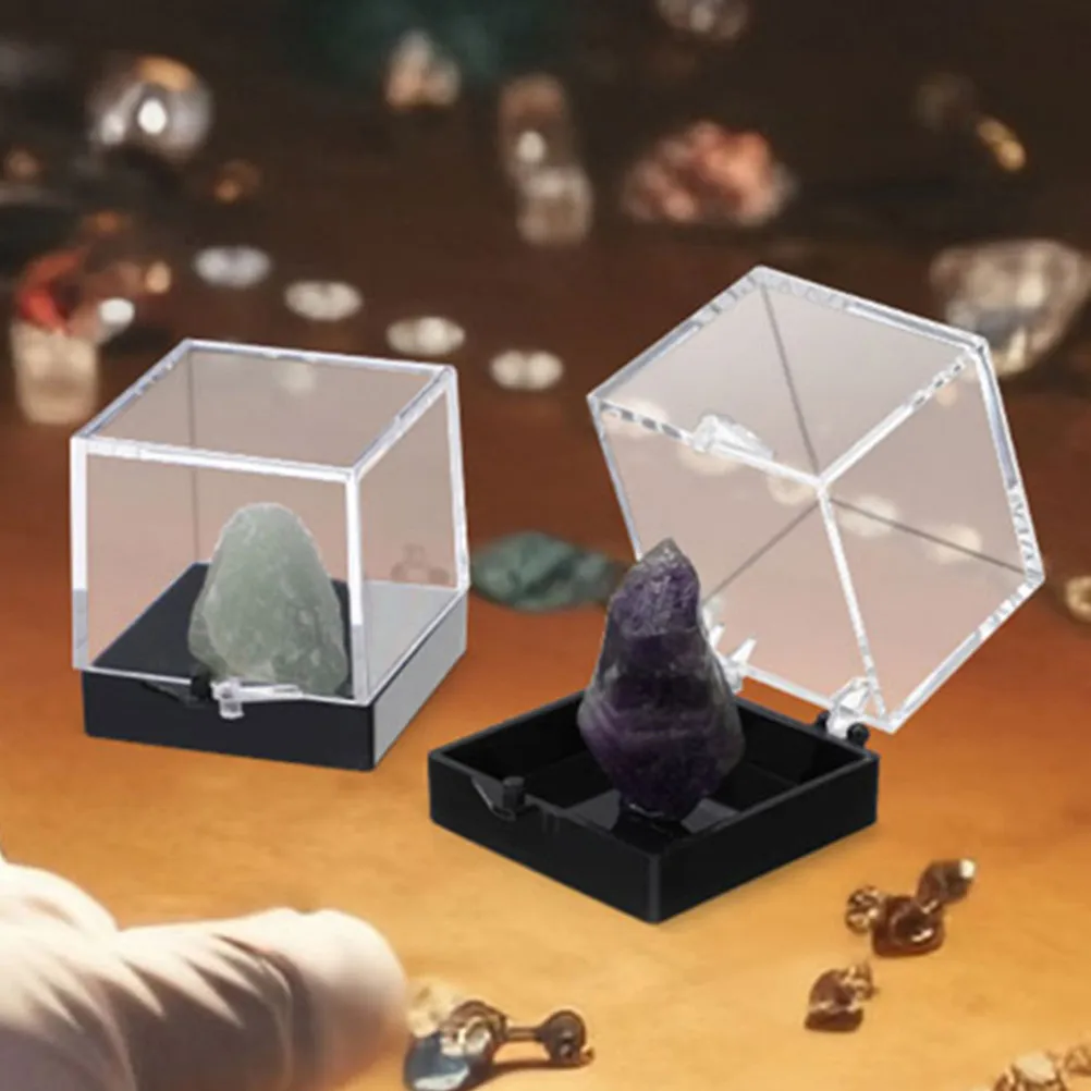 2Pcs Transparent Acrylic Specimen Display Box with Sleek Black Base for Mineral Rocks Crystals Gemstones Collection Organizer