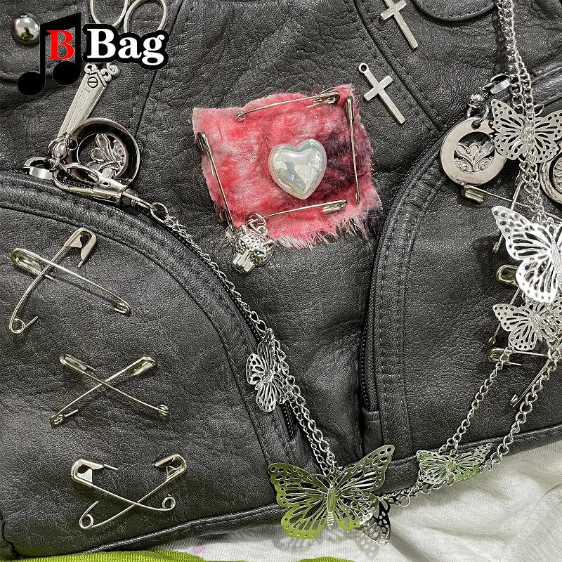 Y2K Women Girl Punk Butterfly Chain Single Shoulder Underarm Bags Tote Vintage PU Leather Messenger Bag Handbags Handmade