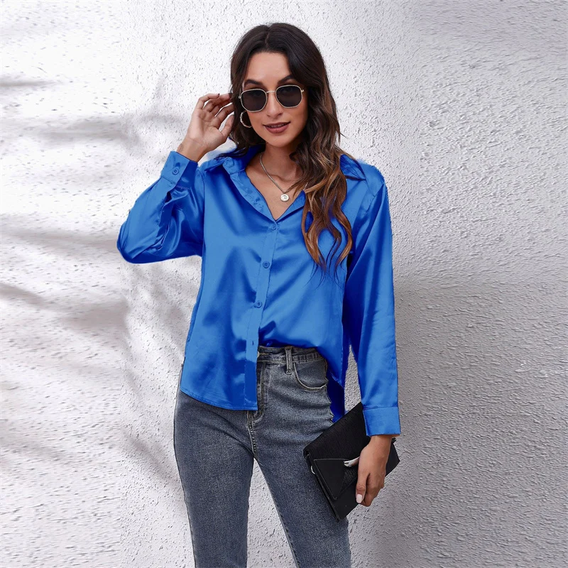 Spring Satin Shirt Women Loose Button Up Blouse Shirts Ladies Imitation Silk Long Sleeve Shirt for Women DF4972