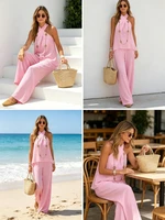 2026 New Women  Two Piece Set Women's Matching Sets Twist Halter Neck Sleeveless Wide Leg Pants Casual Summer Vacation Outfits