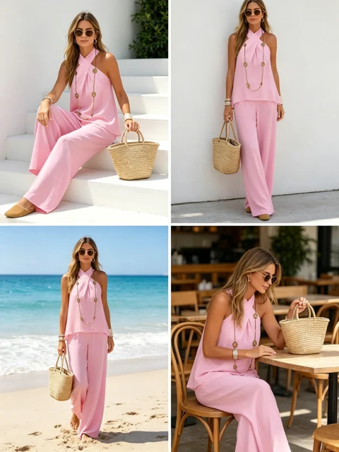 2026 New Women  Two Piece Set Women's Matching Sets Twist Halter Neck Sleeveless Wide Leg Pants Casual Summer Vacation Outfits