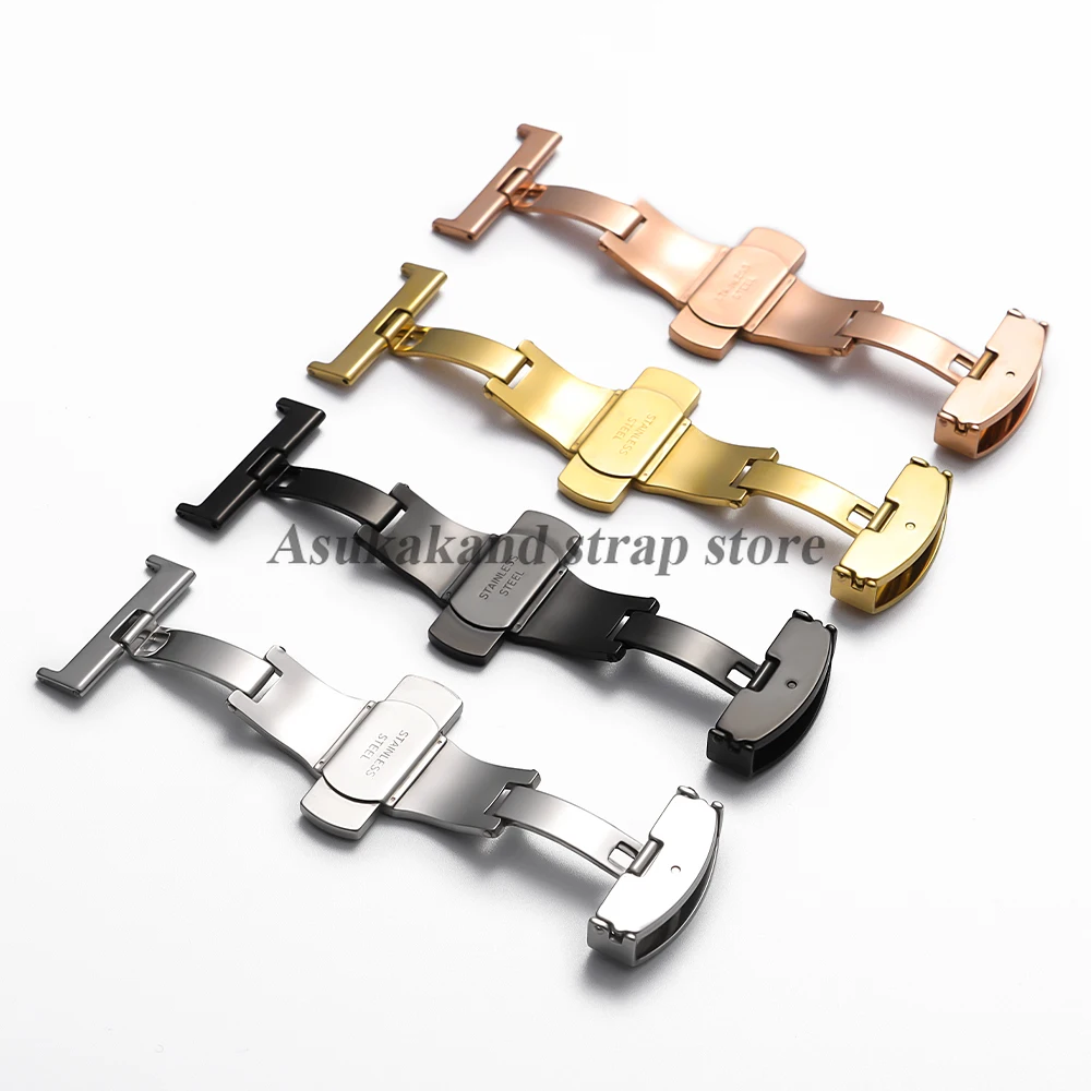 10mm 12mm 14mm 16mm 18mm 20mm 22mm fivela borboleta de aço inoxidável polido botão bloqueio pulseira de relógio de couro fecho de metal