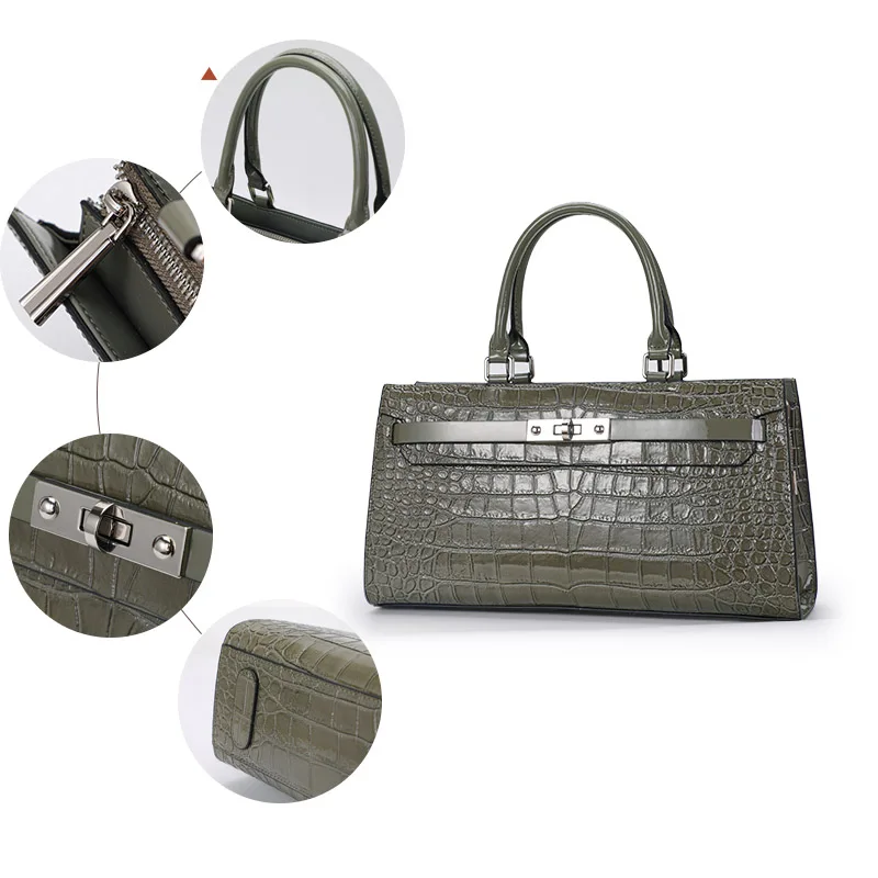 Aidrani  Trendy crocodile patterned women\'s large capacity handbag, made of cowhide material, with a gray square bag