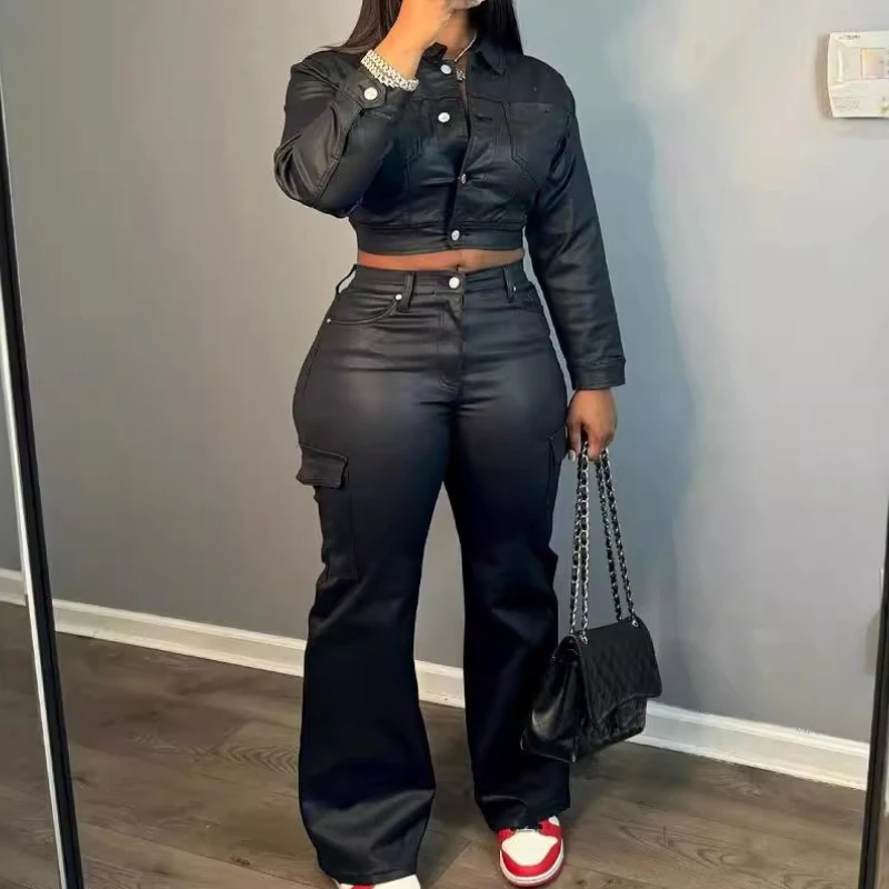 

Women's PU Leather Set Fashion Single Breasted Jacket and Flare Pants Suit 2025 Two 2 Piece Sets Outfits Tracksuit Streetwear