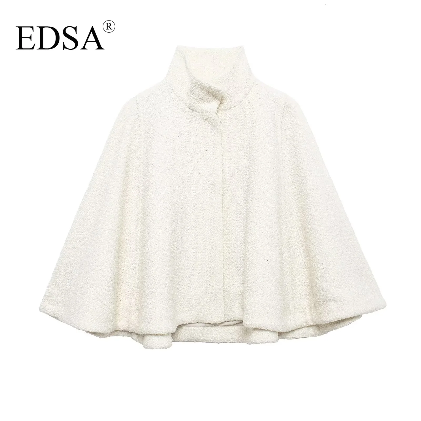 EDSA Women White Wool Blended Cape with Hidden Button Spring New Fashion Soft Chic Cloaks