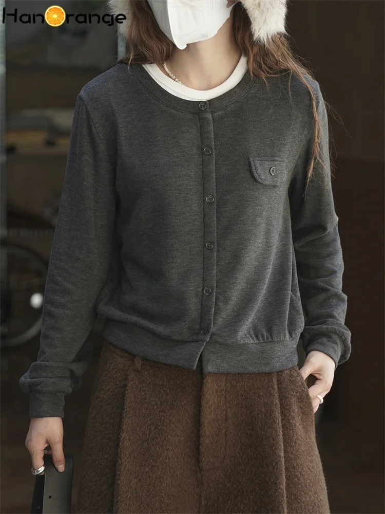 

HanOrange 2025 Winter Vintage Single Breasted Fake Two Piece Wool T-shirt Comfortable Skin Friendly Top Tees Black Gray