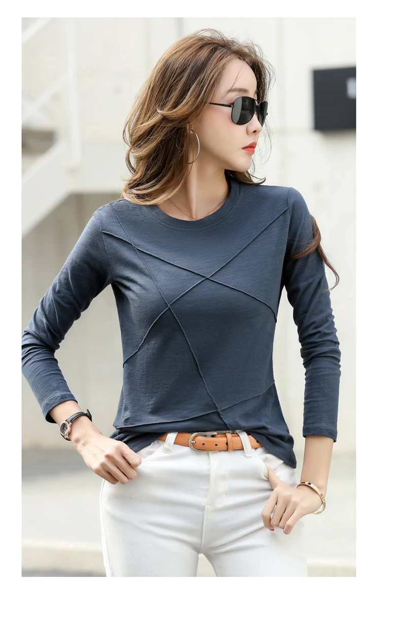 AOSSVIAO 2026 Frühling Langarm Damen O-Neck Bambus-Baumwoll-T-Shirt Elegantes, locker sitzendes geripptes Mode-T-Shirt Damen schlichte Oberteile – Detail 4