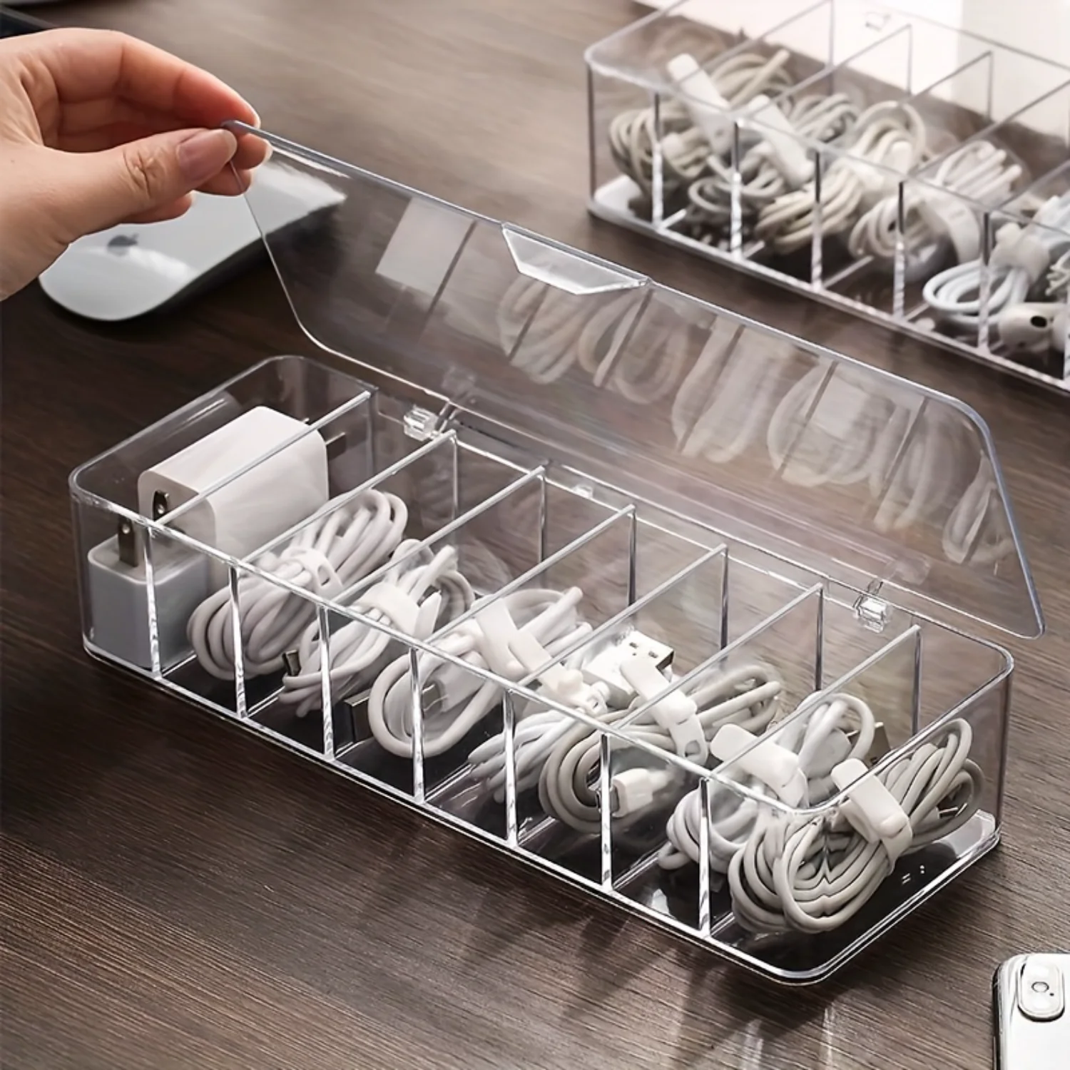 Box For Data Cables With Lid, One 8-compartments  Box, 10 Cable Organizers